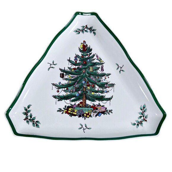 Spode Other - Spode Christmas Tree Triangular Candy Serving Dish Triangle Plate England Green